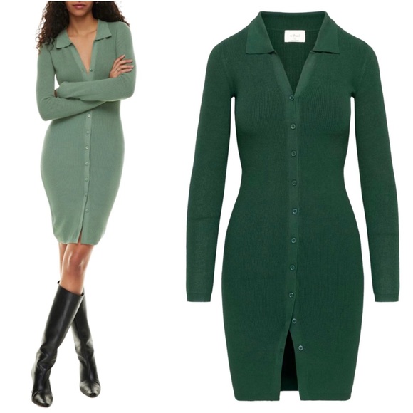 Aritzia Dresses & Skirts - Aritzia Wilfred Cove Button-Up Sweater Dress Scarab Forest Green Sz M